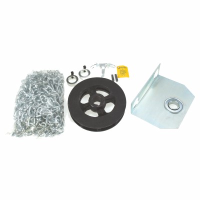 Garage door hardware kit with chain, pulley, bracket, and other small parts.