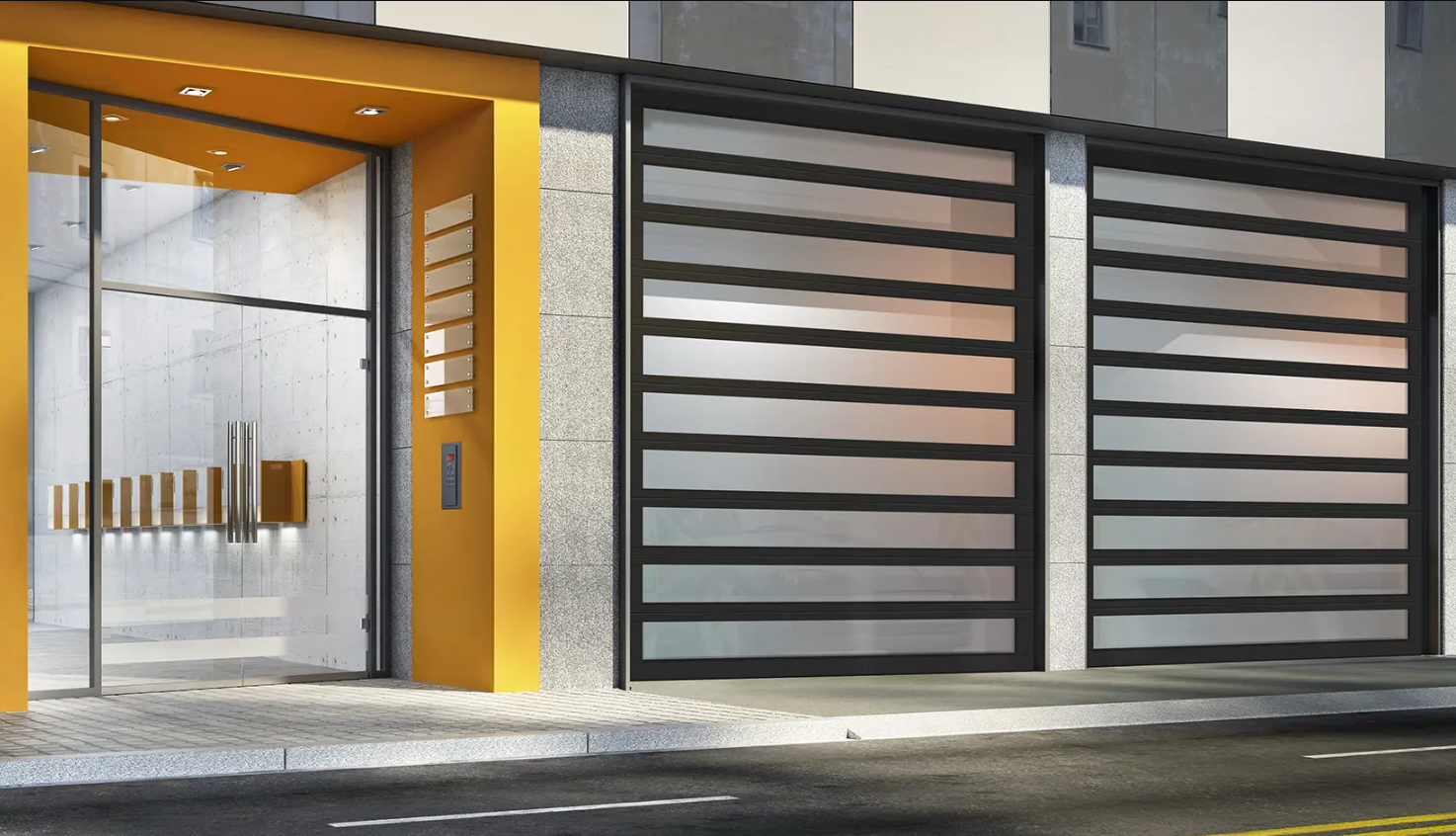 A modern storefront with large Clopay Architectural Series-Aluminum glass garage doors and a bright yellow accent wall