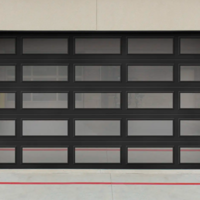 A modern black Clopay Architectural Series-Steel garage door with multiple rectangular glass panels