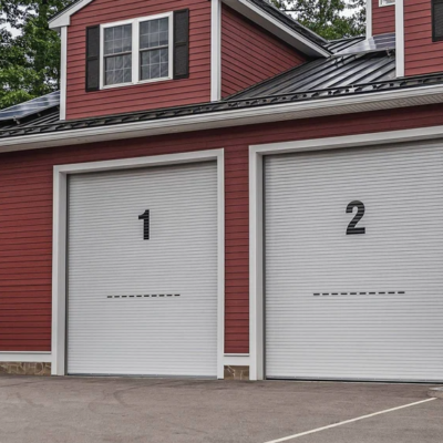 Two white CHI Rolling Service commercial garage doors on a red building.