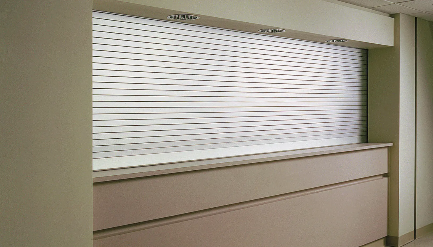 A closed silver Clopay Counter and Shutter Door covering a counter or service window