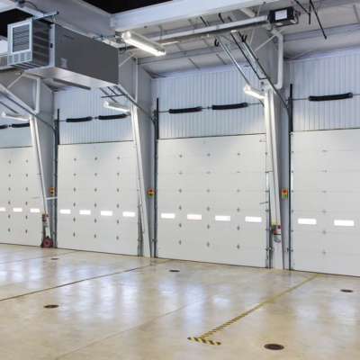 An industrial Clopay Energy Series with Intellicore garage interior with multiple white overhead doors