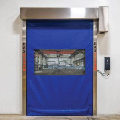 A blue MaxClean high-speed industrial door with a vision panel showing a warehouse interior.