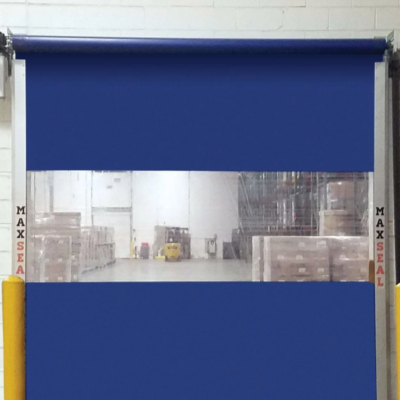 A blue high-speed roll-up door with a transparent window showing a warehouse interior.