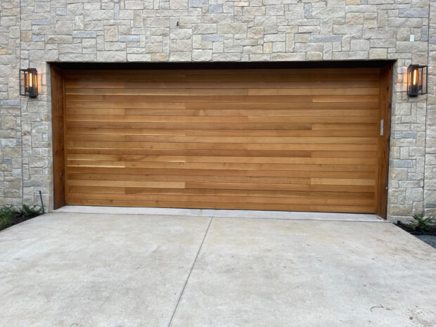 satin stained white oak plank garage door